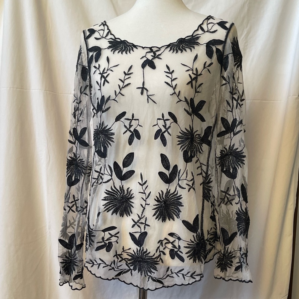 Anthropologie Everleigh Blue/Black Embroidered Top Sz M NEW